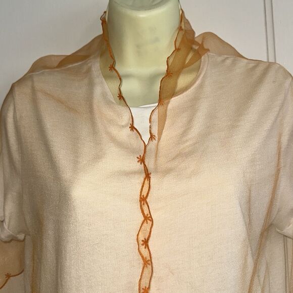 Vintage 60s long orange chiffon scarf with embossed floral design & hem - Picture 5 of 8